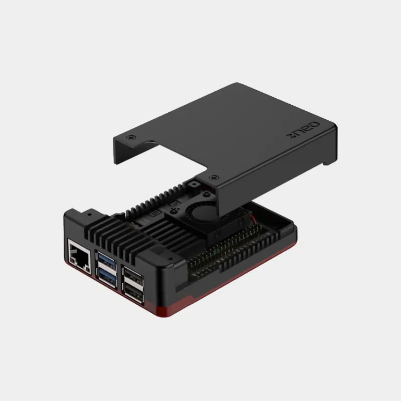 Boîtier Argon NEO pour Raspberry Pi 5 vu de dessus, coque noire avec liseré rouge à la base
