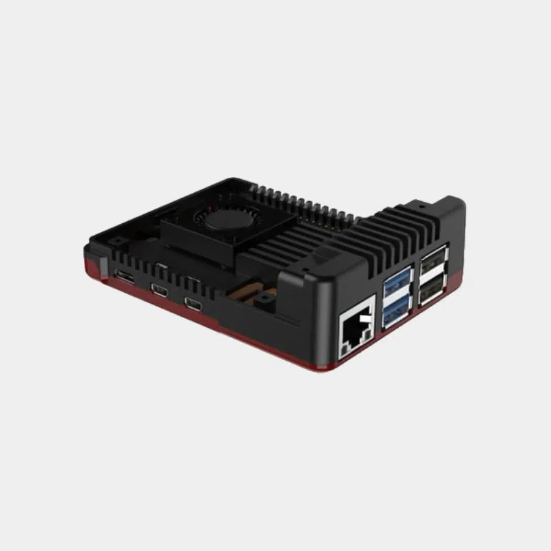 Boîtier Argon NEO pour Raspberry Pi 5 sans couvercle supérieur, structure interne rouge et noire visible