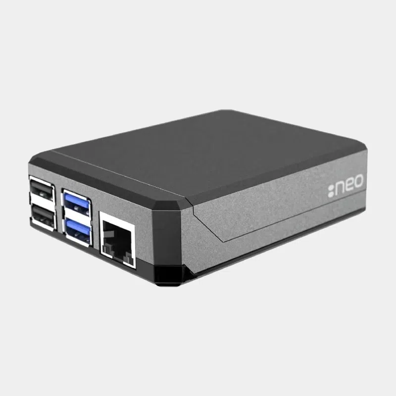 Boîtier Argon NEO gris foncé pour Raspberry Pi 4 avec ports USB et Ethernet visibles