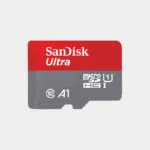 Carte mémoire microSD SanDisk Ultra rouge et grise avec logos UHS-I et A1