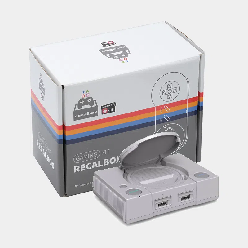 Console rétrogaming Recalbox avec boîtier PiStation Case gris, posée devant son emballage