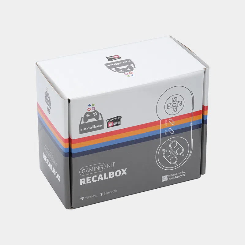 Emballage de la console rétrogaming officielle Recalbox avec logo et dessin de manette