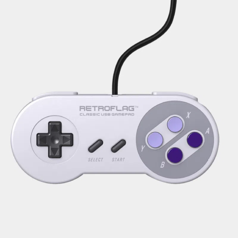 Kit console Recalbox Ultimate avec Raspberry Pi 5 4 Manette USB Retroflag imitant la SNES, boutons mauves et croix directionnelle grise