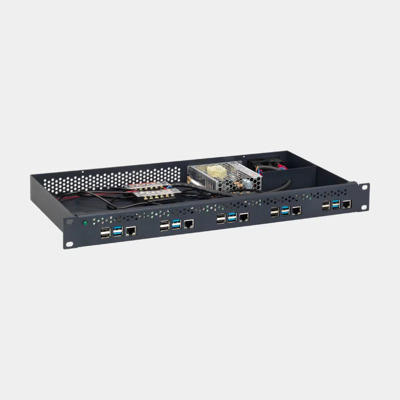 Rack de montage 19 pouces 1U pour Raspberry Pi 4, vu de dessus avec ports réseau et USB apparents
