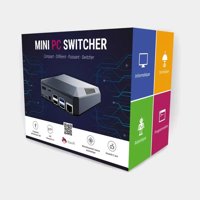 Boîte du kit Mini PC Switcher avec photo du boîtier gris et pictogrammes colorés