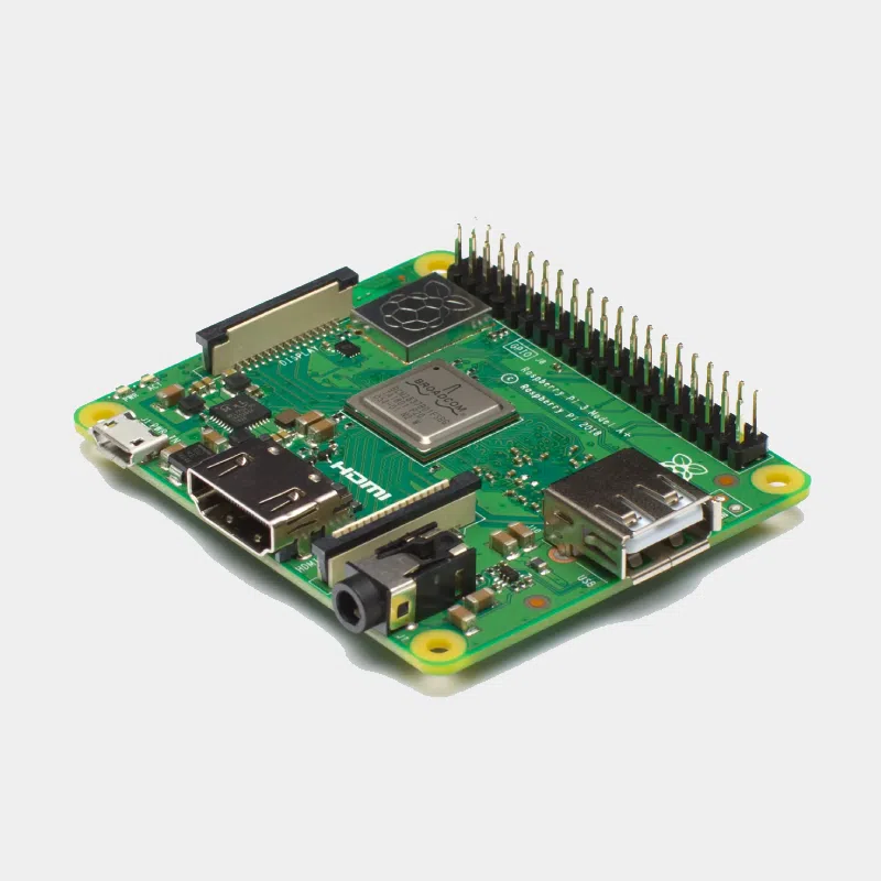 Carte Raspberry Pi 3 Model A+ vue de trois quarts avec un seul port USB