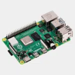 Carte Raspberry Pi 4 Model B vue de trois quarts avec logo framboise et ports USB, HDMI