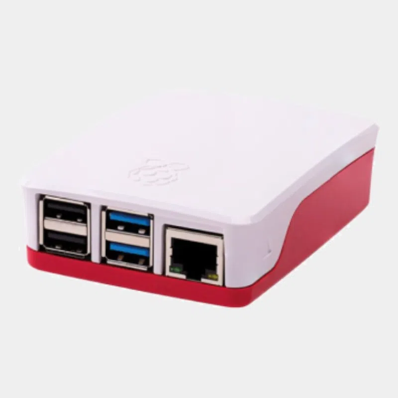 Boîtier officiel rouge et blanc pour Raspberry Pi 4, vu de dos avec ports USB et Ethernet