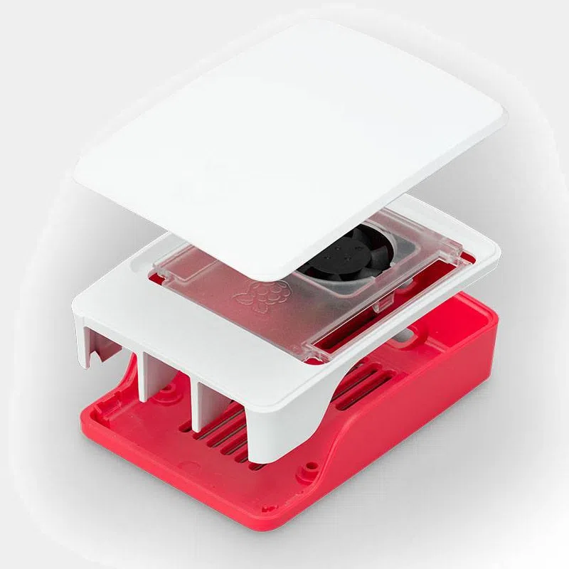 Boîtier officiel rouge et blanc pour Raspberry Pi 5, vue éclatée avec couvercle et ventilateur interne