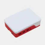 Boîtier officiel rouge et blanc pour Raspberry Pi 5, vu de trois quarts fermé