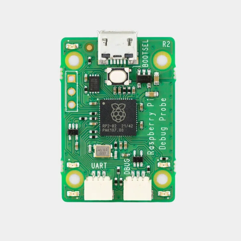 Sonde Raspberry Pi Debug Probe vue de dessus avec port micro USB et connecteurs UART et debug