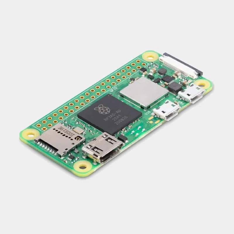 Carte Raspberry Pi Zero 2W vue de trois quarts avec ports mini-HDMI et micro-USB