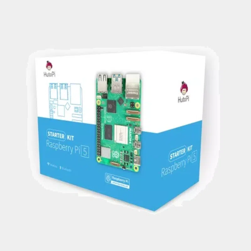Boîte du kit de démarrage Raspberry Pi 5 blanche et turquoise avec carte illustrée