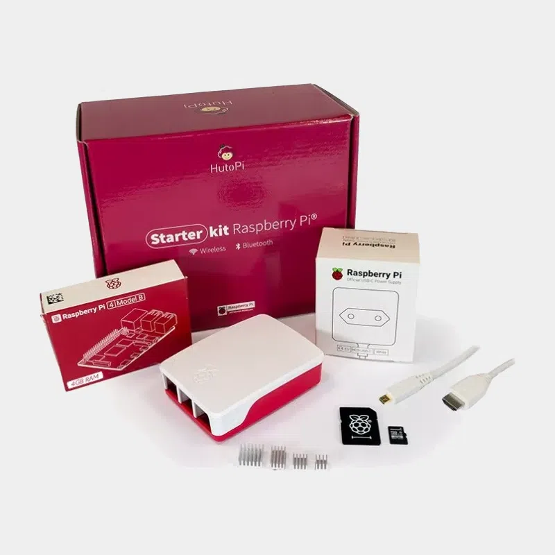 Starter kit with Raspberry Pi 4, power supply, microSD card, HDMI cable, case and heat sinks