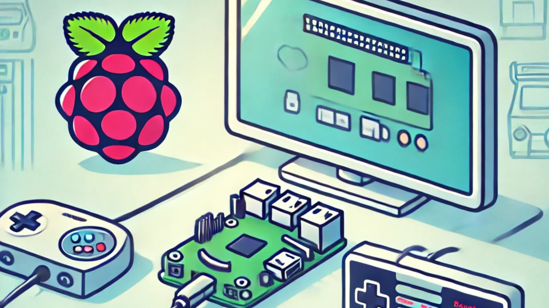 Schéma illustrant une console rétrogaming avec carte Raspberry Pi, manettes de jeu et écran