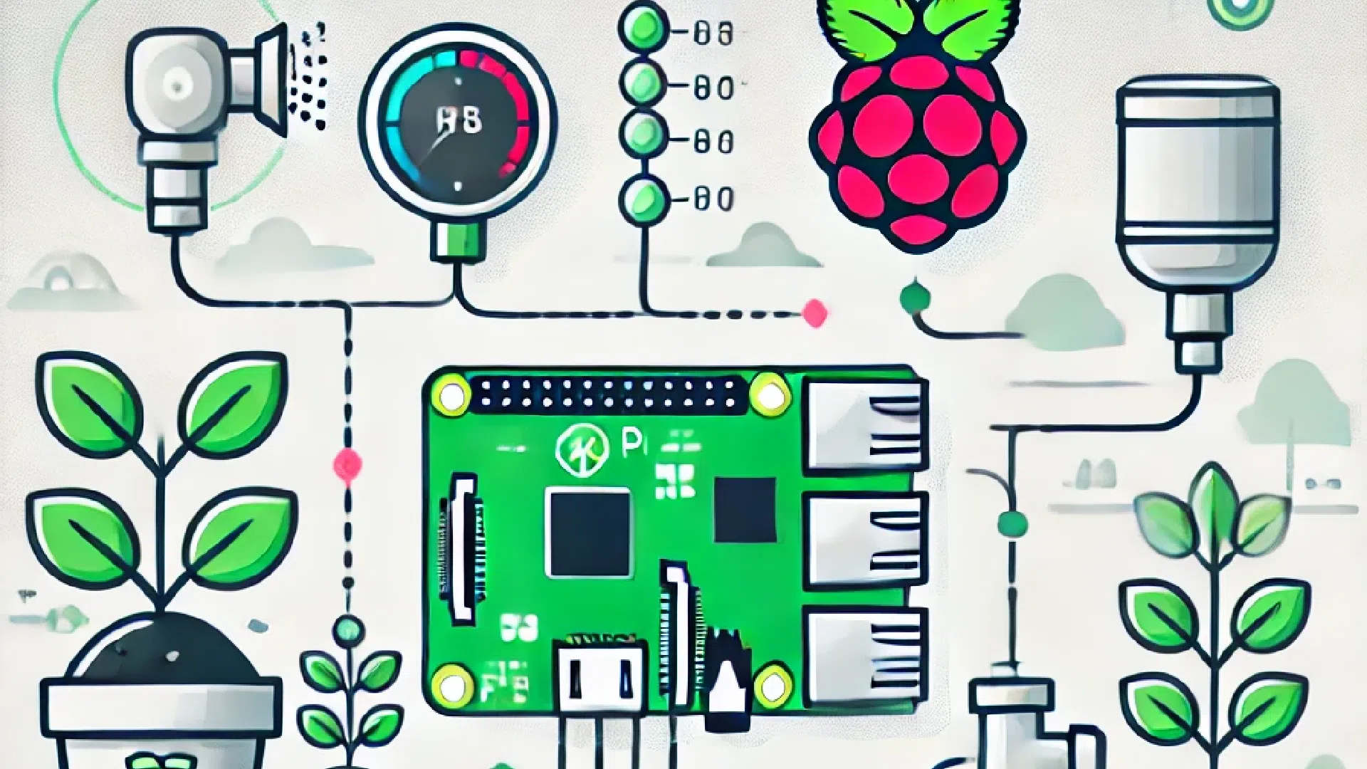 Schéma d'un système de jardinage intelligent avec carte Raspberry Pi, capteurs et arrosage automatique