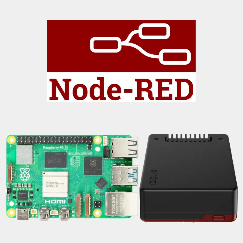 Logo Node-RED au-dessus d'une carte Raspberry Pi 5 et de son boîtier noir assorti