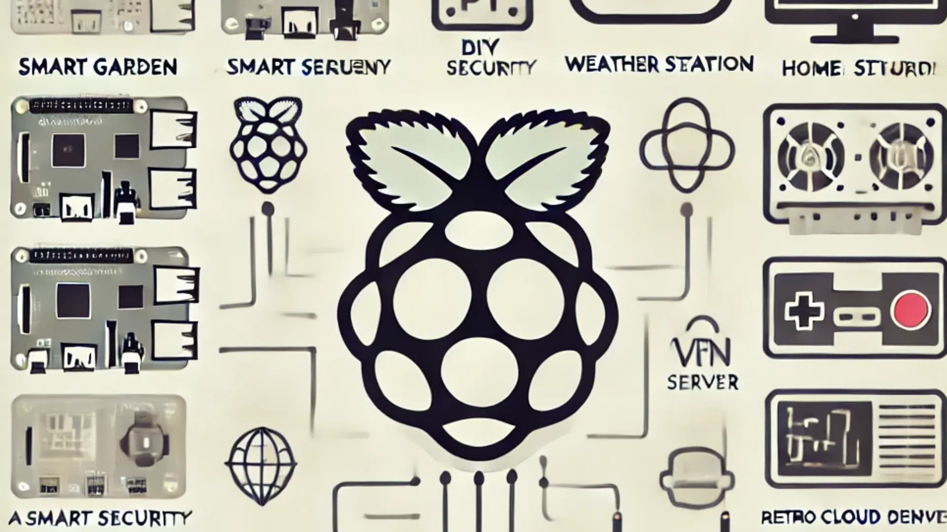 Collage d'icônes de projets DIY Raspberry Pi, domotique, sécurité, météo, VPN et rétrogaming