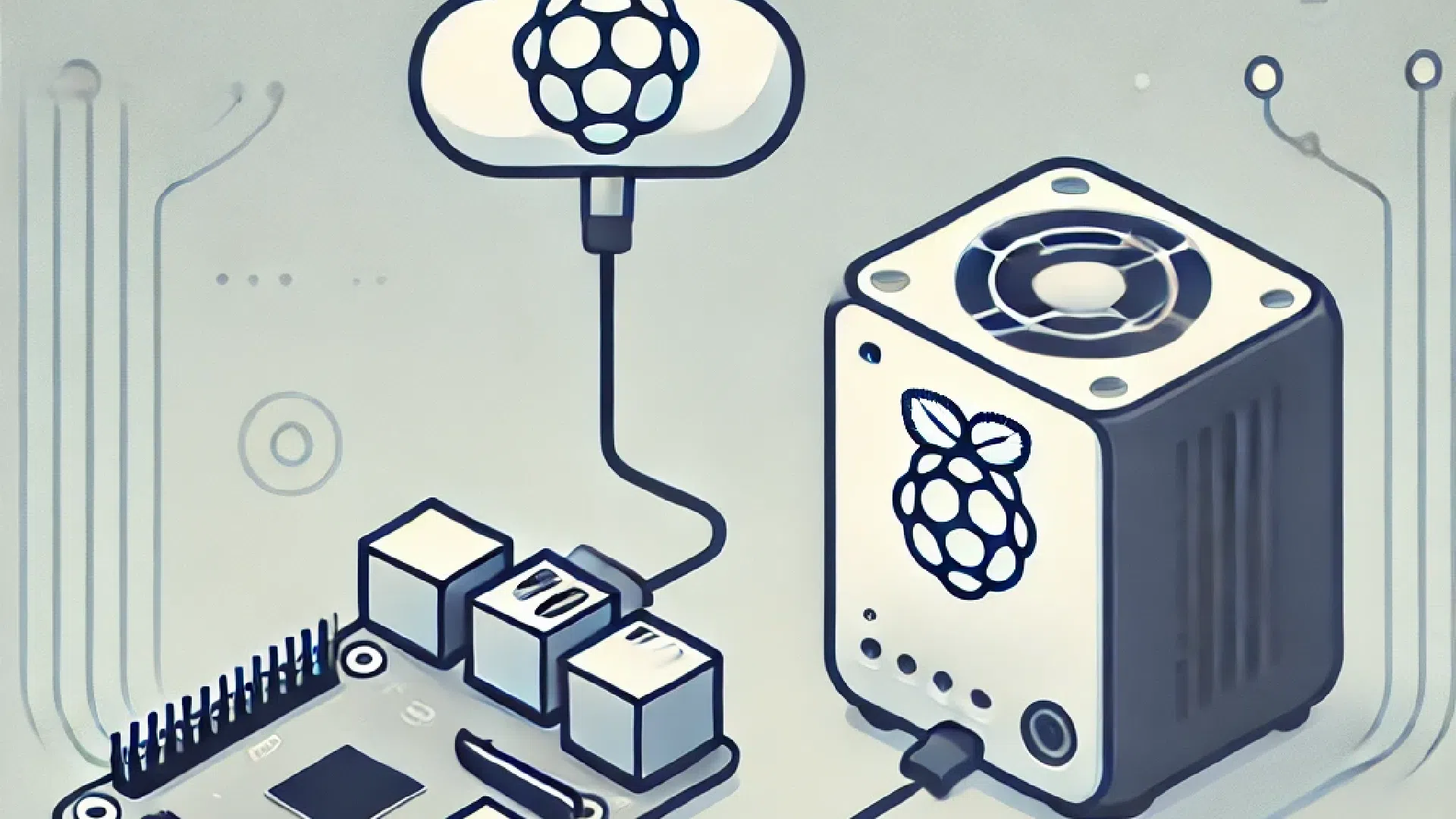 Schéma d'un serveur cloud avec un boîtier noir ventilé relié à une icône de nuage et logo framboise