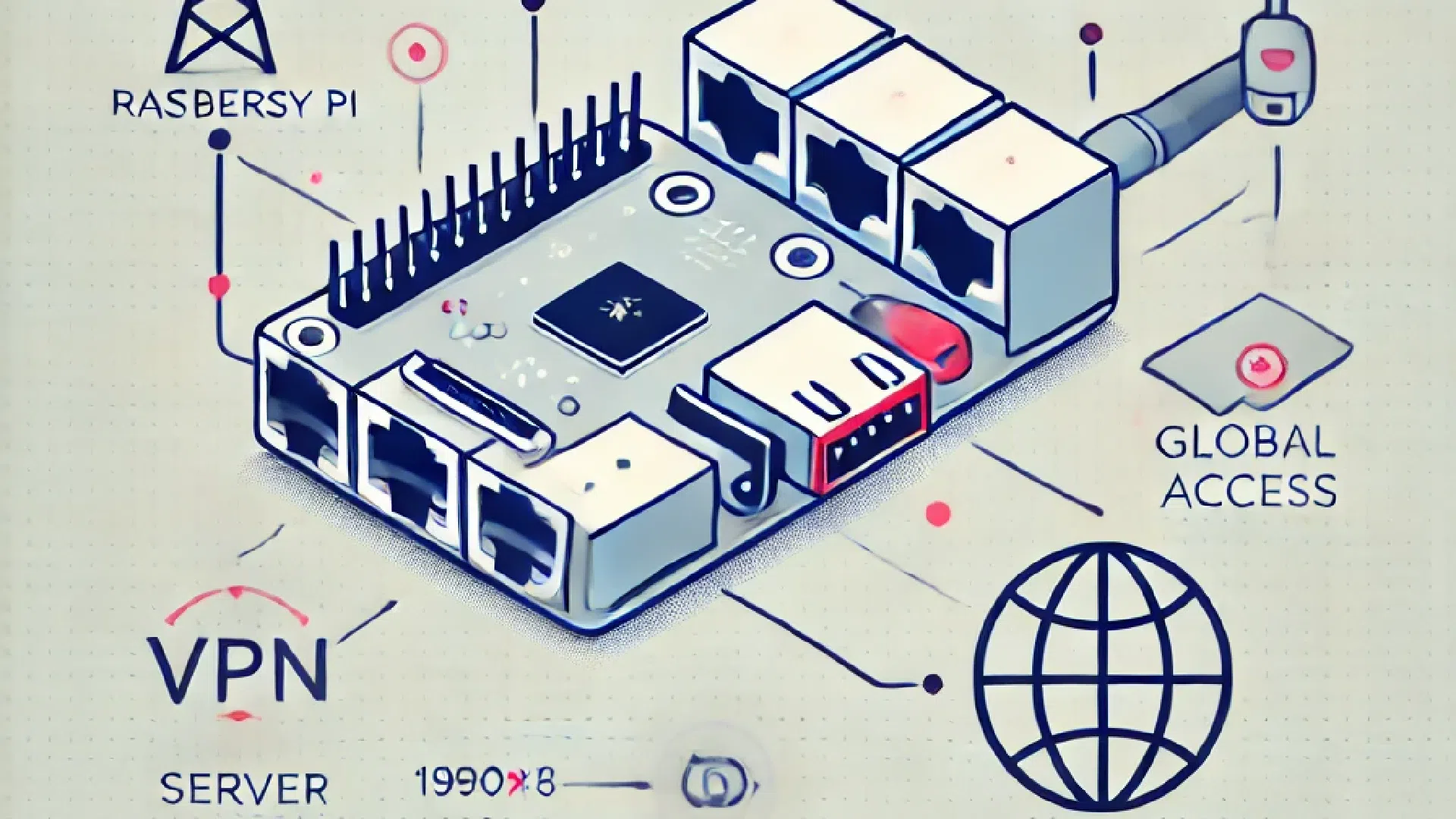 Schéma d'un serveur VPN basé sur une carte Raspberry Pi avec ports Ethernet et icône de globe