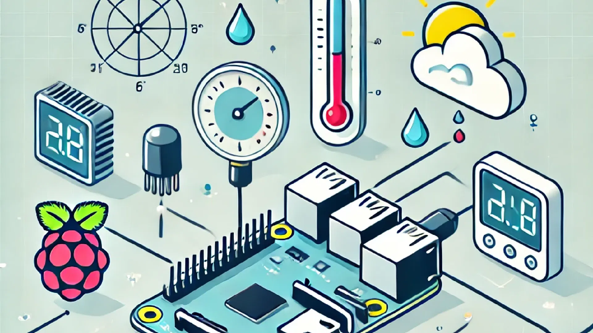 Schéma d'une station météo avec carte Raspberry Pi entourée d'icônes température, humidité et horloge