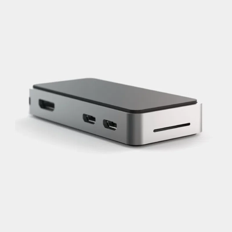 Boîtier Flirc aluminium pour Raspberry Pi Zero, vu de face avec ports mini-HDMI, USB-C et fente carte SD