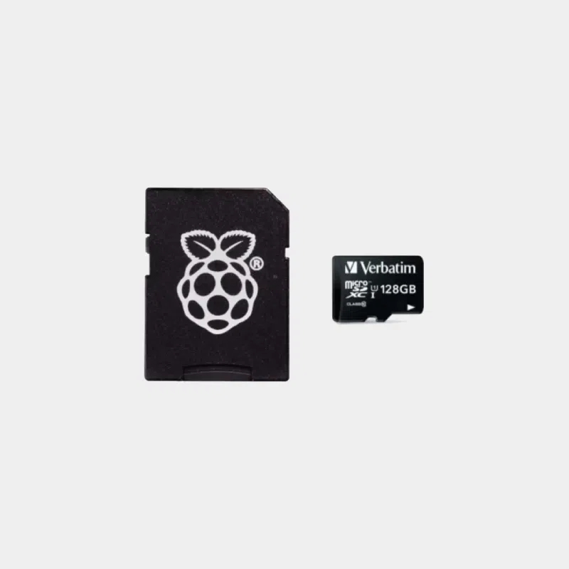Carte micro SD Noobs officielle, carte noire au logo Raspberry Pi à côté d'une carte Verbatim 128 Go