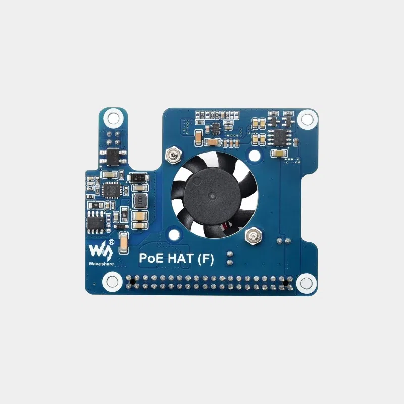 HAT PoE pour Raspberry Pi 5, carte bleue vue de dessus avec ventilateur central