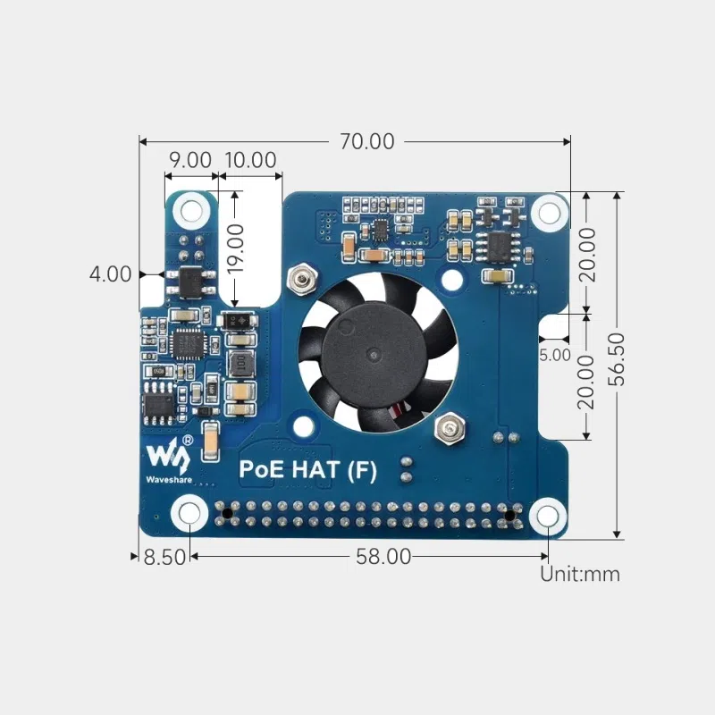 HAT PoE pour Raspberry Pi 5, schéma coté avec dimensions de la carte et du ventilateur