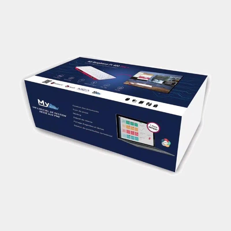 Kit Raspberry Pi 400 Pro+, boîte bleu foncé du produit vue de trois quarts