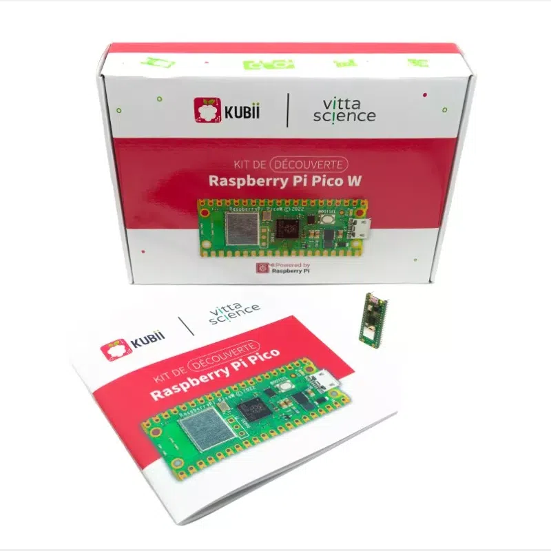 Kit de découverte Raspberry Pi Pico, boîte du kit avec livret et carte Pico W posés à côté