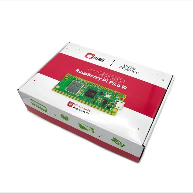 Kit de découverte Raspberry Pi Pico, boîte fermée du kit vue de trois quarts