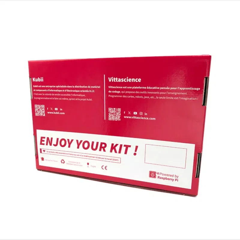 Kit de découverte Raspberry Pi Pico, dos de la boîte avec message de bienvenue et informations du fabricant