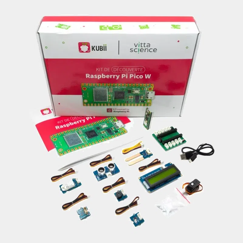 Kit de découverte Raspberry Pi Pico, boîte du kit ouverte avec composants et écran LCD