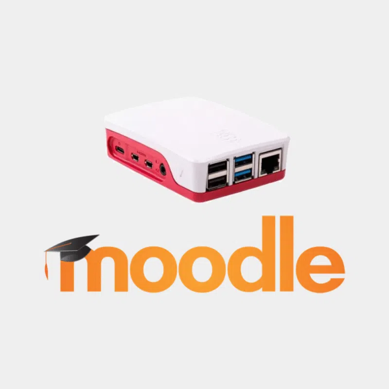 Boîtier officiel Raspberry Pi rouge et blanc avec logo Moodle orange en dessous