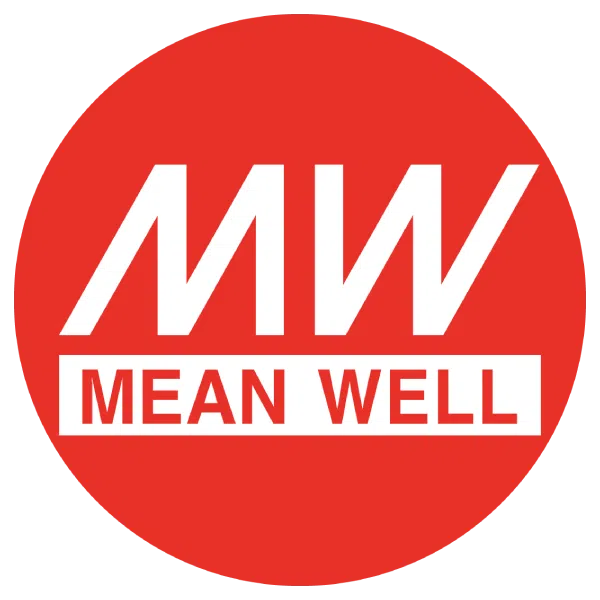 Logo Mean Well, monogramme MW blanc sur cercle rouge avec le nom de la marque en dessous