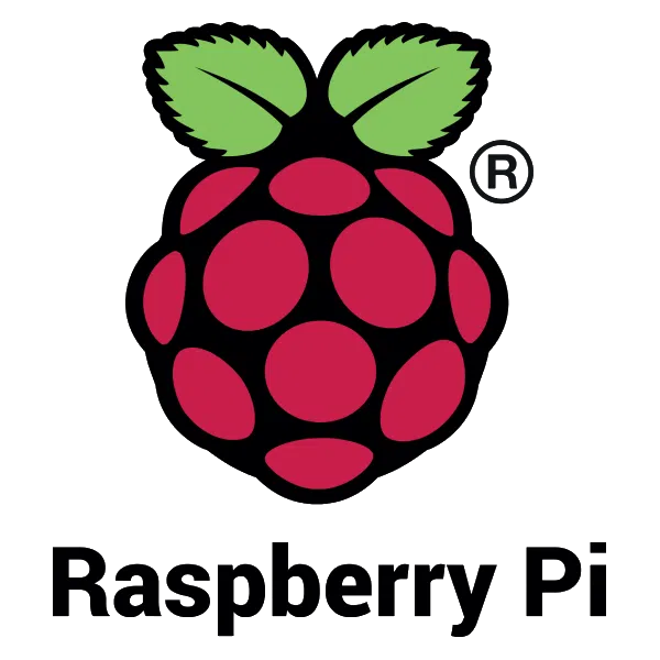 Logo Raspberry Pi, framboise rouge stylisée au dessus du texte de la marque