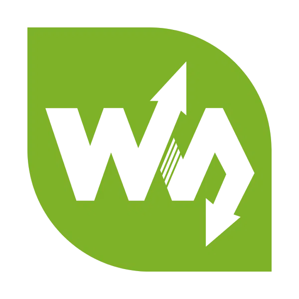 Logo WaveShare, feuille verte avec flèches blanches formant un W
