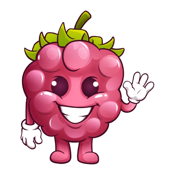 Logo MONRASPBERRY, mascotte framboise souriante saluant de la main