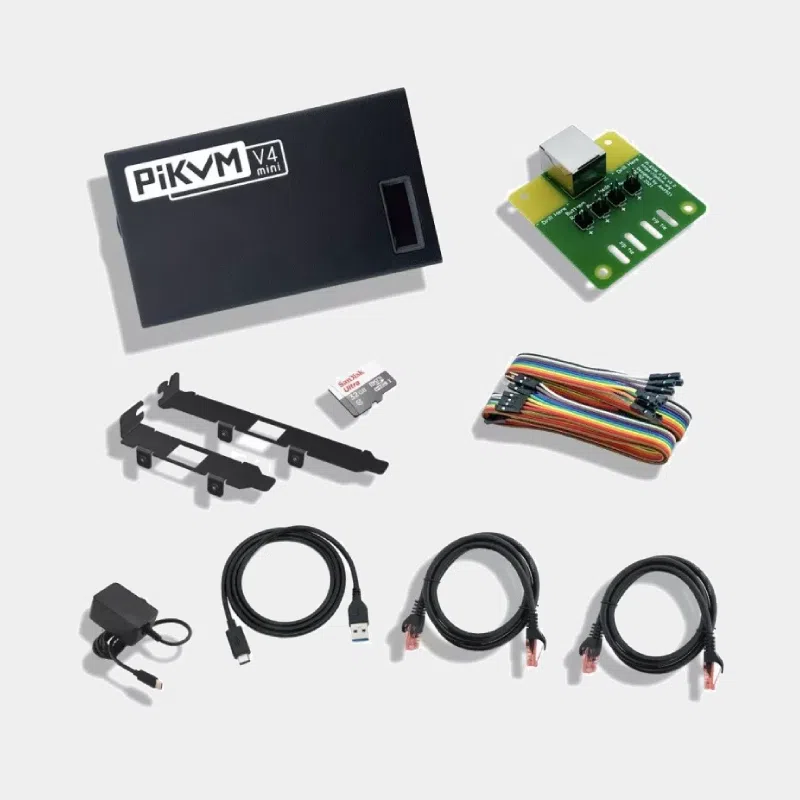 PiKVM V4 Mini, contenu du coffret avec boîtier, câbles et petite carte électronique