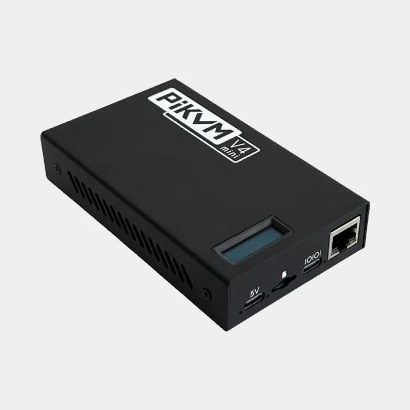 PiKVM V4 Mini, boîtier assemblé avec écran OLED et port Ethernet en façade
