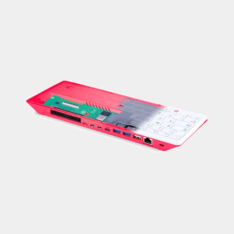 Raspberry Pi 400, clavier ordinateur vu de trois quarts avec ports HDMI et USB à l'arrière