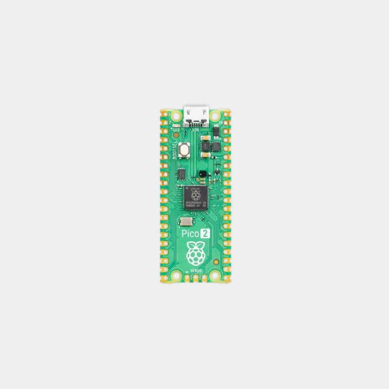 Raspberry Pi Pico 2, carte verte vue de face avec inscription Pico 2 et port USB-C