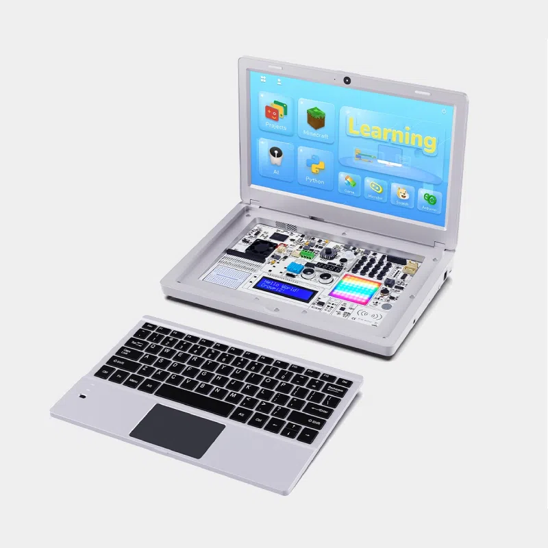 CrowPi 2, écran ouvert posé à côté de son clavier détachable