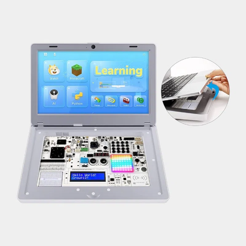 CrowPi 2 : kit d’apprentissage STEM tout-en-un Raspberry Pi 3 CrowPi 2, ordinateur portable pédagogique ouvert avec stylet pointant l'écran tactile