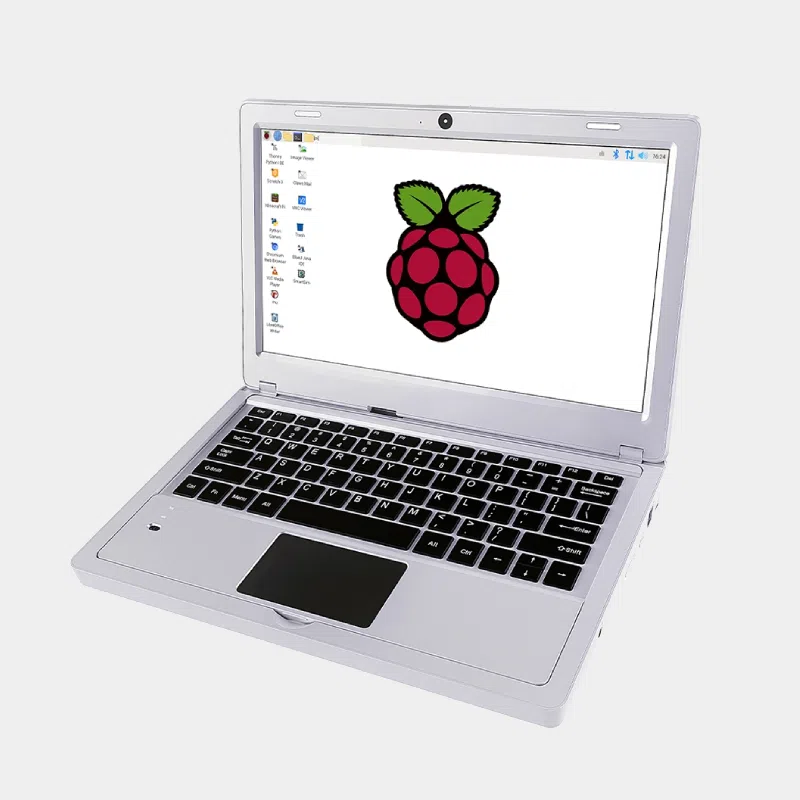 CrowPi 2, ordinateur portable fermé partiellement avec bureau Raspberry Pi affiché à l'écran