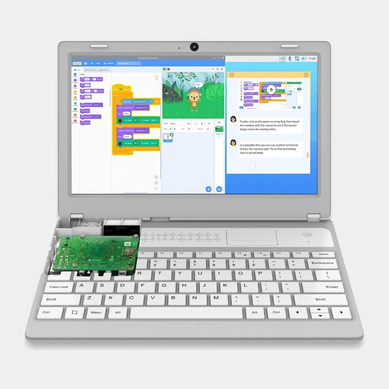 CrowPi L, ordinateur portable ouvert avec interface Scratch et carte Raspberry Pi visible en médaillon