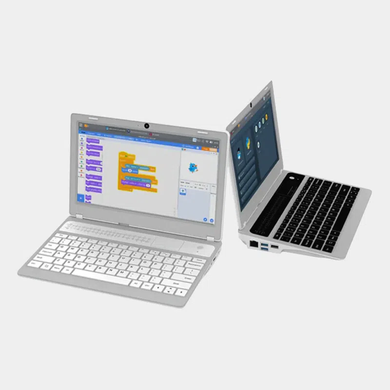CrowPi L : ordinateur portable Raspberry Pi pour apprendre la programmation 5 CrowPi L, deux ordinateurs portables affichant l'un une interface Scratch et l'autre un terminal