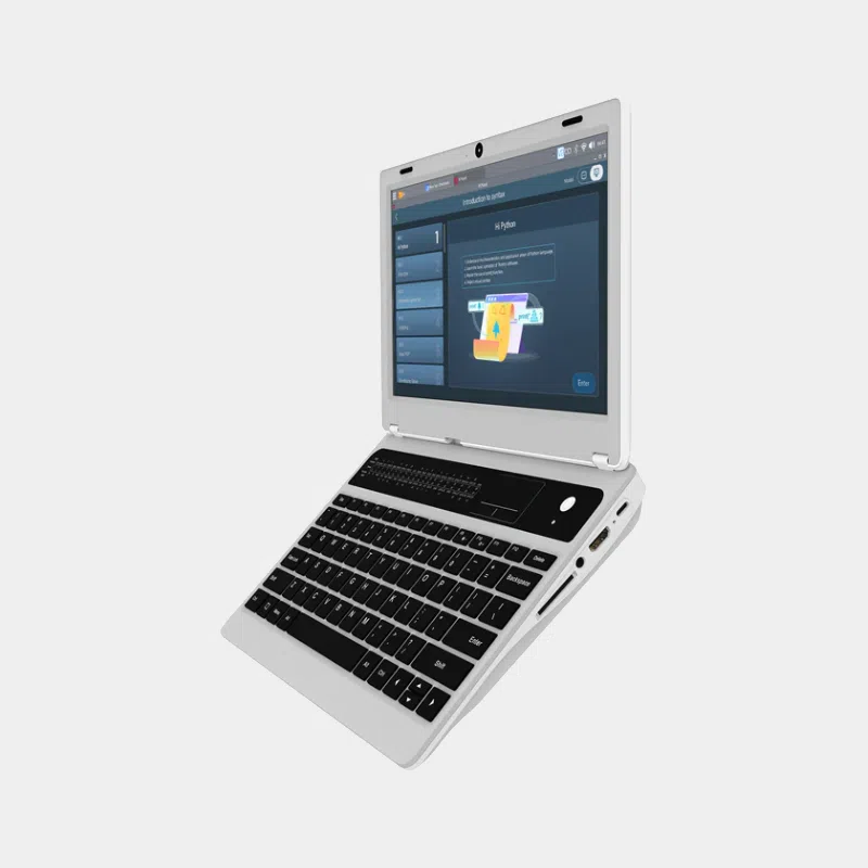 CrowPi L : ordinateur portable Raspberry Pi pour apprendre la programmation 4 CrowPi L, ordinateur portable ouvert à angle large avec clavier replié vers l'arrière