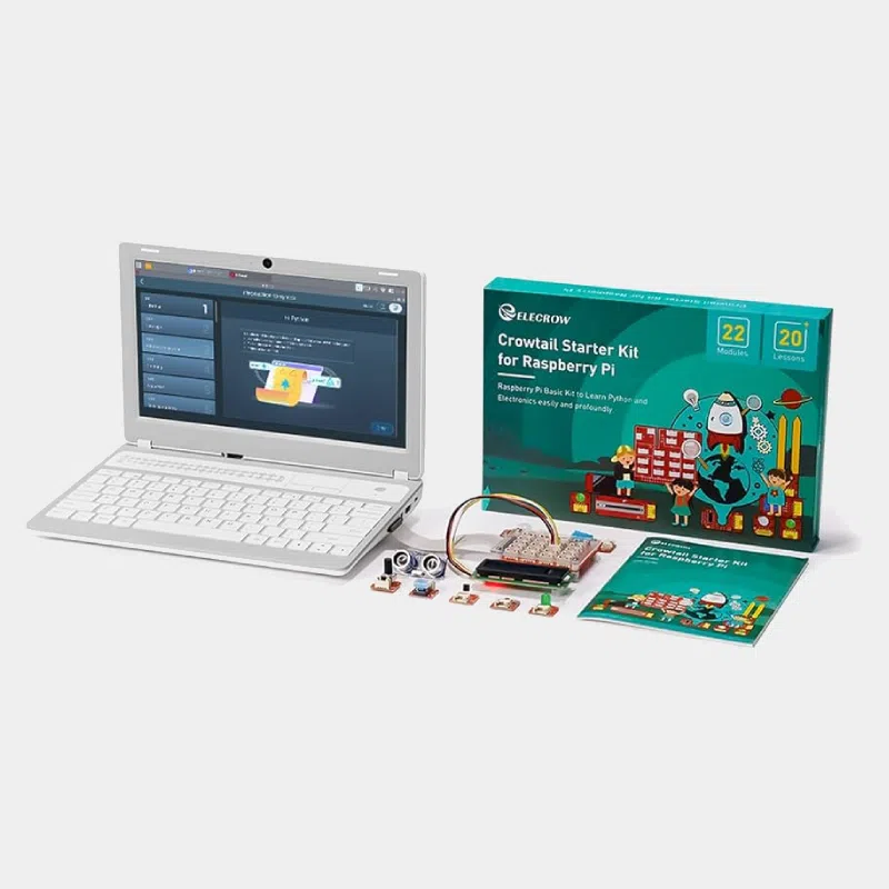 CrowPi L : ordinateur portable Raspberry Pi pour apprendre la programmation 2 CrowPi L, ordinateur portable ouvert à côté de la boîte du kit de démarrage Crowtail